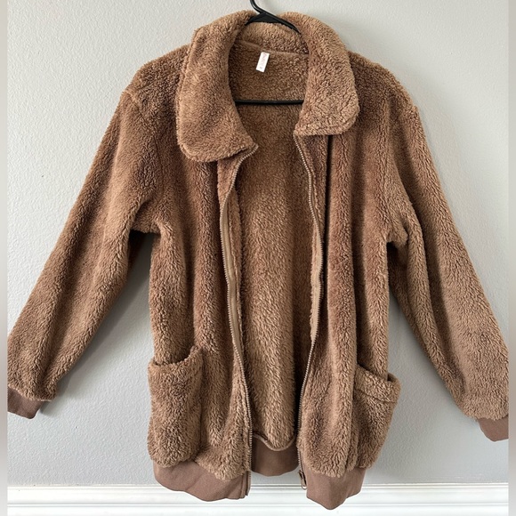 Brown teddy style fuzzy zip up jacket - Picture 1 of 2